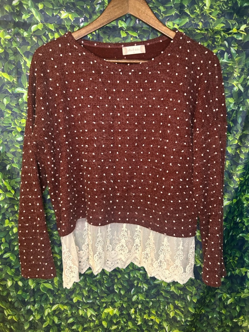 Altar'd State Rust Sweater with Cream Lace Trim